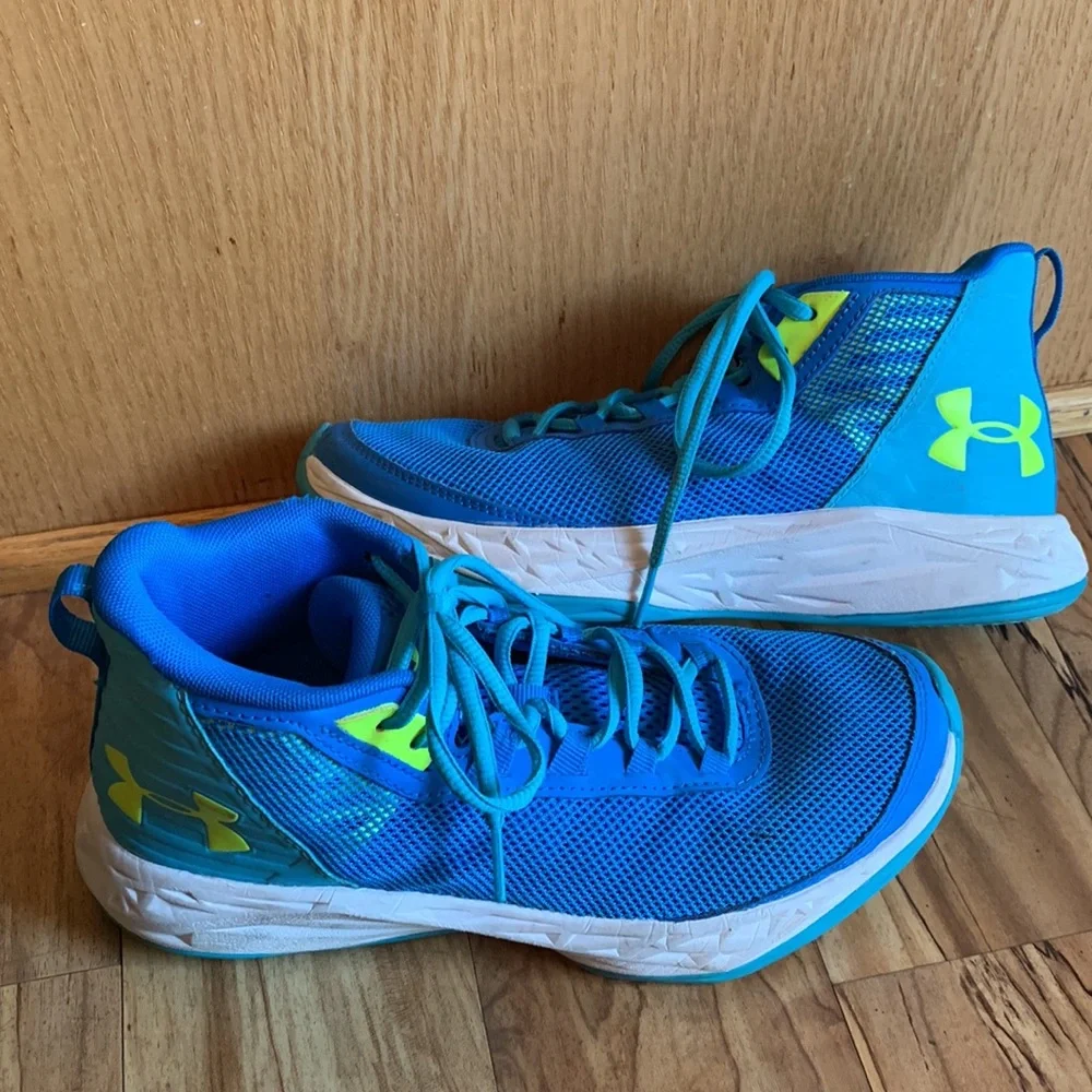 Under Armour Jet size 6 VEGAN blue yellow mid basketball sneakers shoes